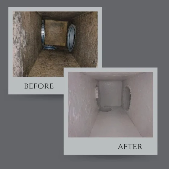 Before and after photos of a professional air duct cleaning